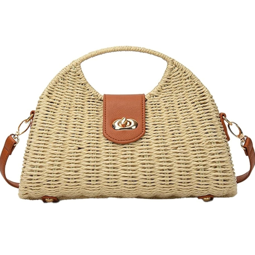 Straw Woven Handle Crossbody Bag with Tan Trim